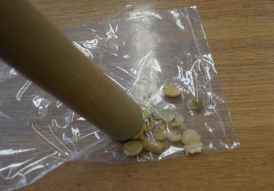 どんぐりをすりつぶす